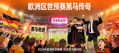 欧洲区世预赛黑马球队传奇故事插图，展示球队历史性突破与球迷庆祝场景