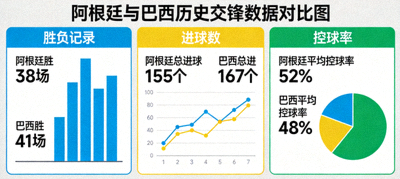 阿根廷与巴西历史交锋数据对比图，包括胜负记录、进球数与控球率统计